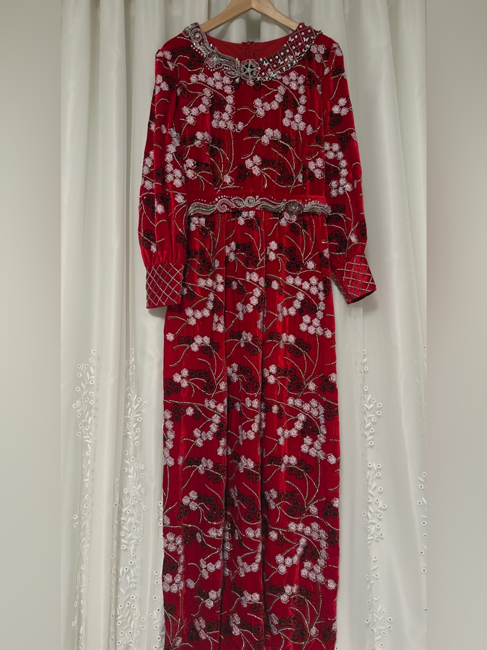 Red Floral Long-Sleeve Maxi Dress HEND MADE